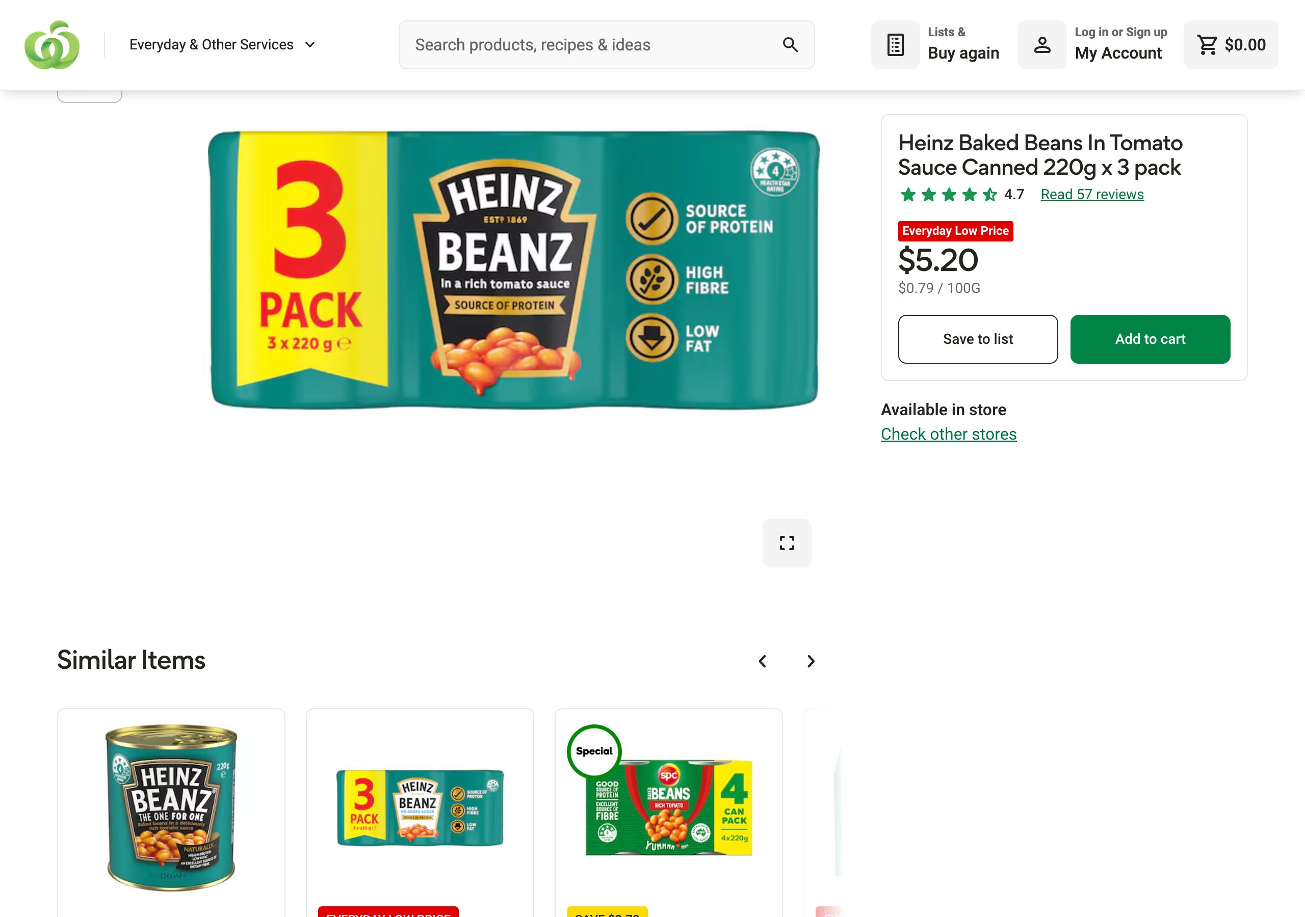 Woolworths product page without the extension