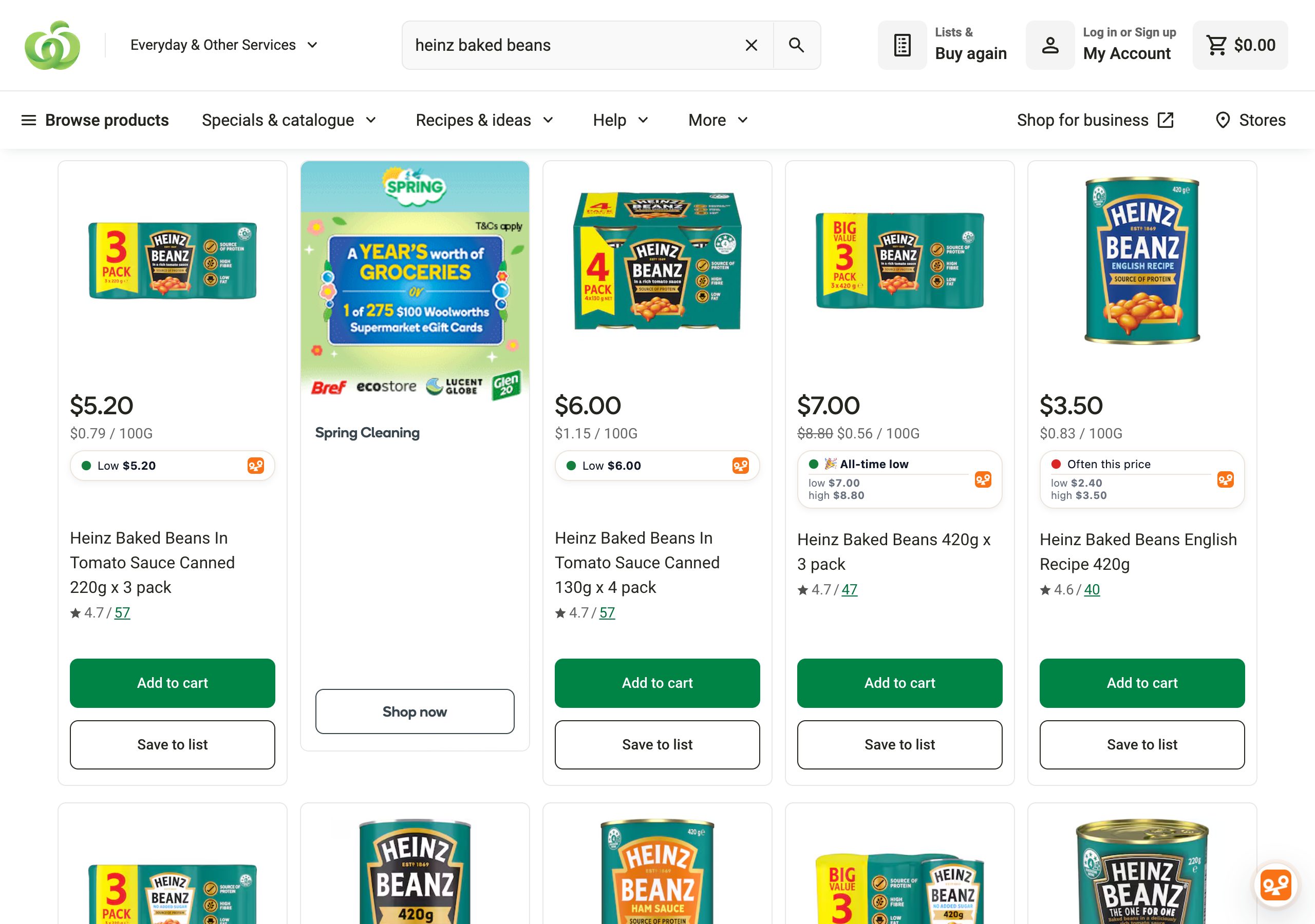 The same Woolworths search results with an OpenOrder price-history verdict under every tile